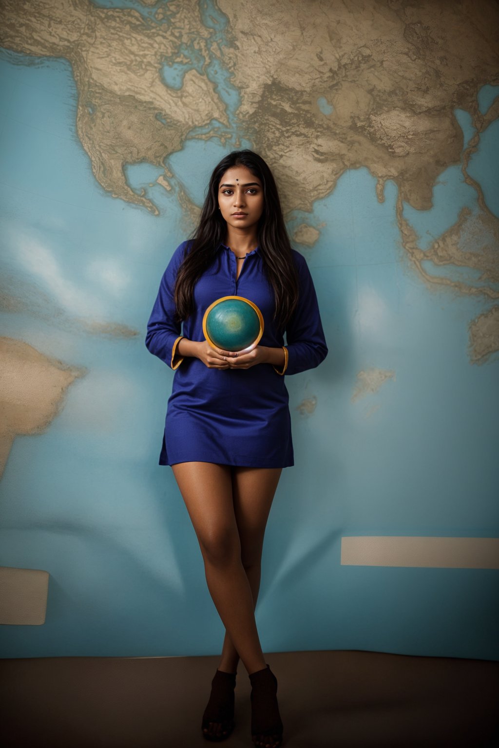 a graduate woman in their academic regalia, holding a globe or a map, representing their global perspective and aspirations for making an impact in the world