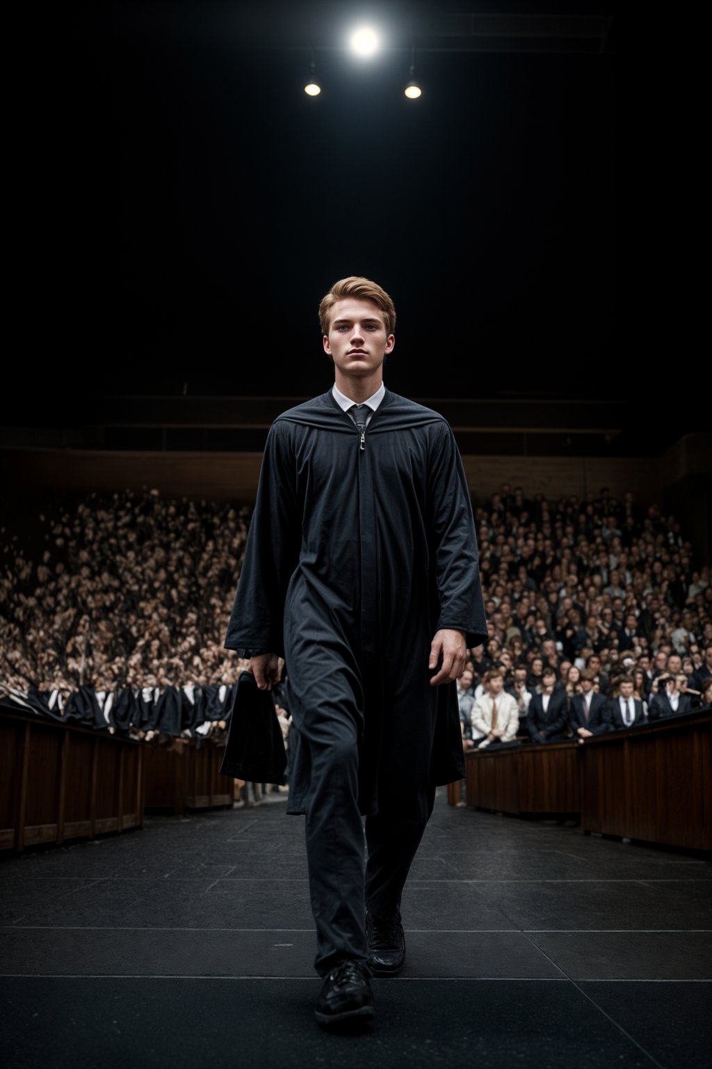 a graduate man in their academic gown and mortarboard, walking across the stage to receive their diploma, capturing the moment of recognition and accomplishment