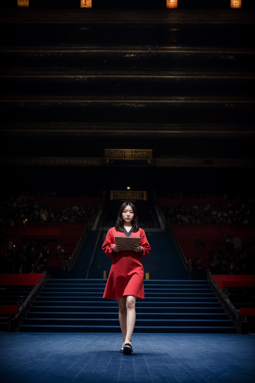 a graduate woman in their academic gown and mortarboard, walking across the stage to receive their diploma, capturing the moment of recognition and accomplishment