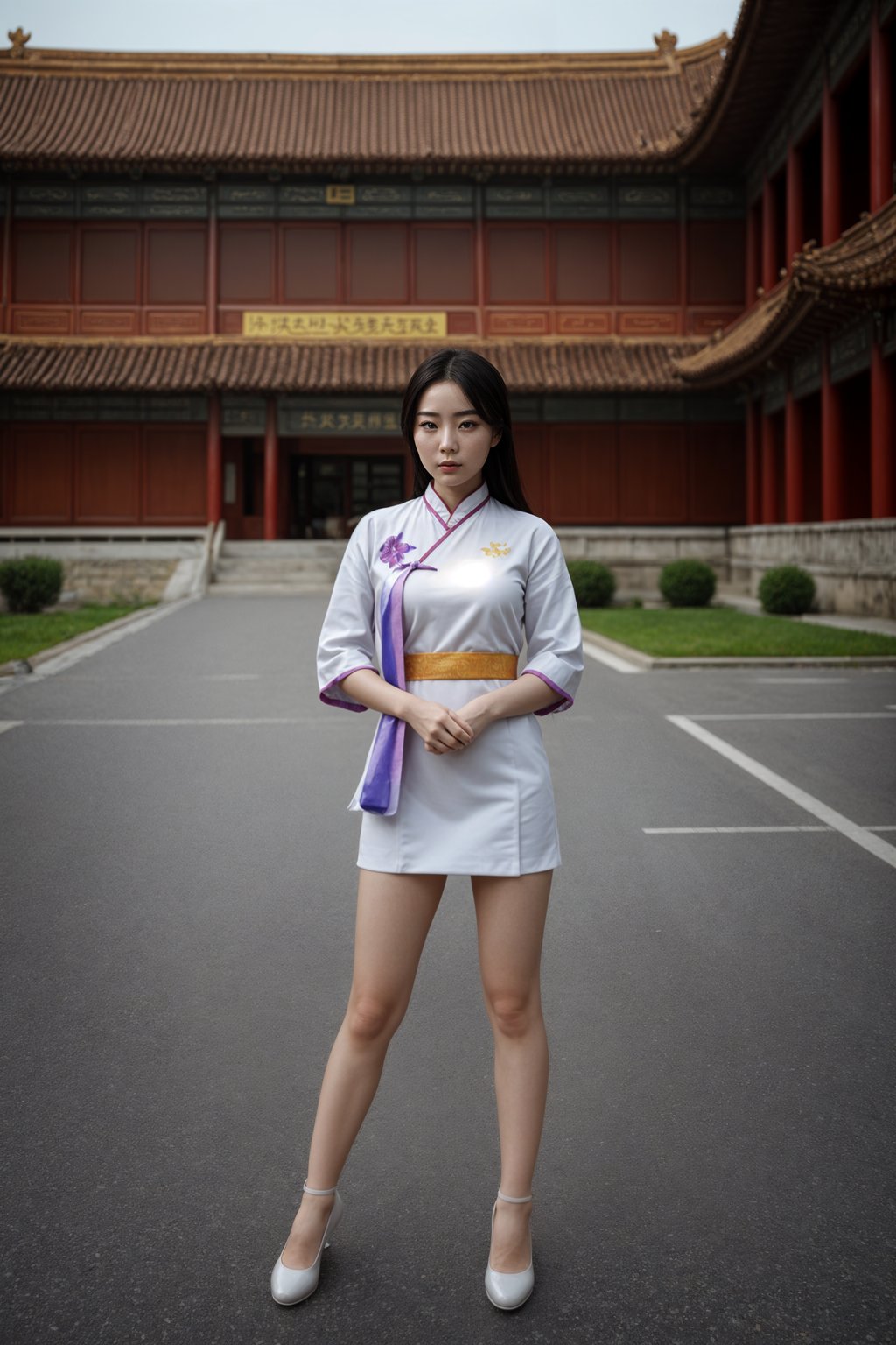 a graduate woman in their academic regalia, standing in front of their university building, representing the pride and connection to their alma mater