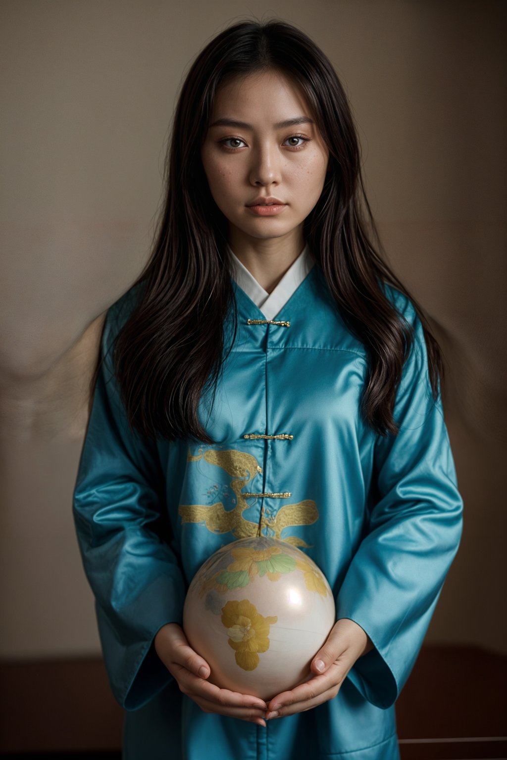 a graduate woman in their academic regalia, holding a globe or a map, representing their global perspective and aspirations for making an impact in the world