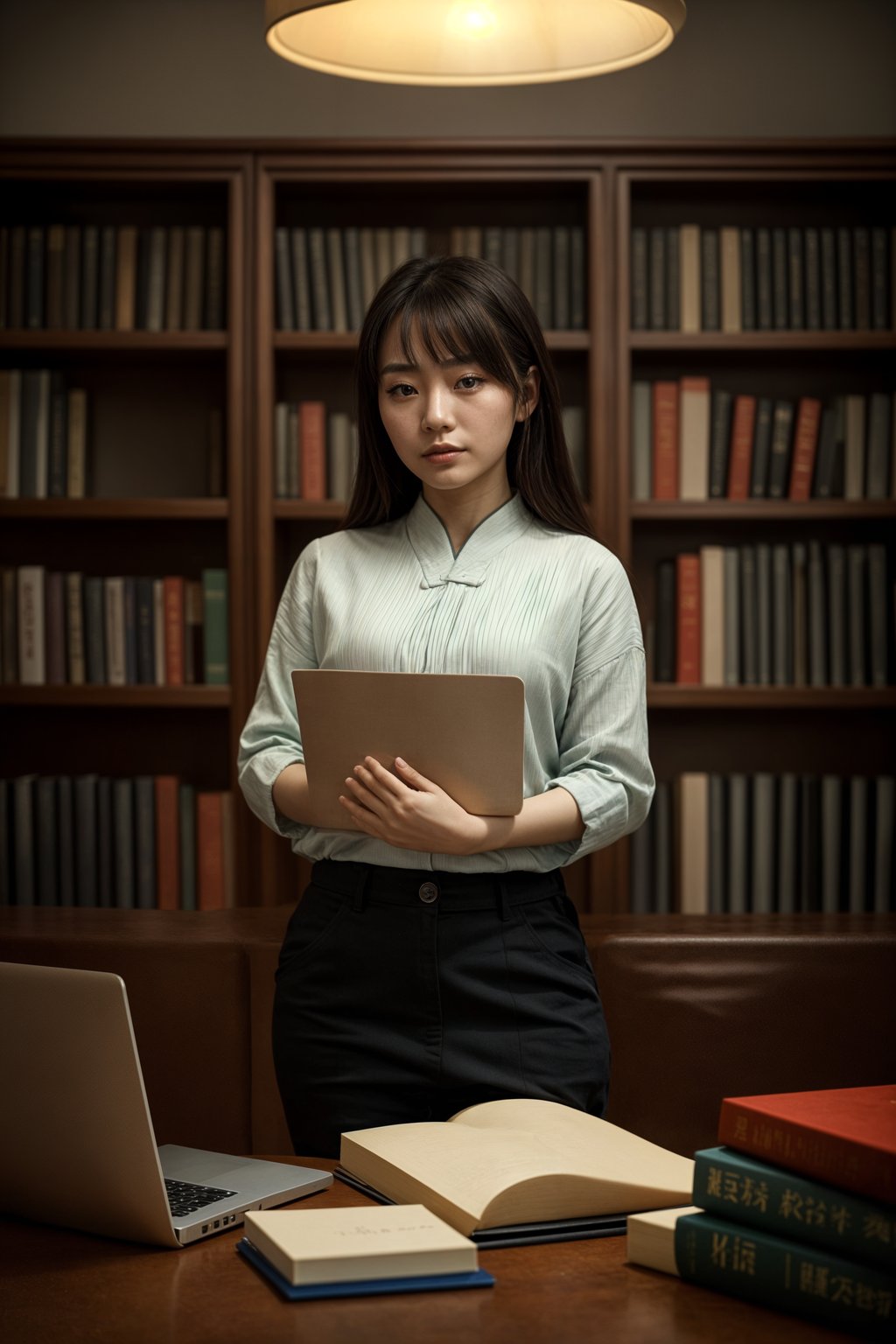 a graduate woman surrounded by books and a laptop, symbolizing the academic dedication and achievements during their university studies