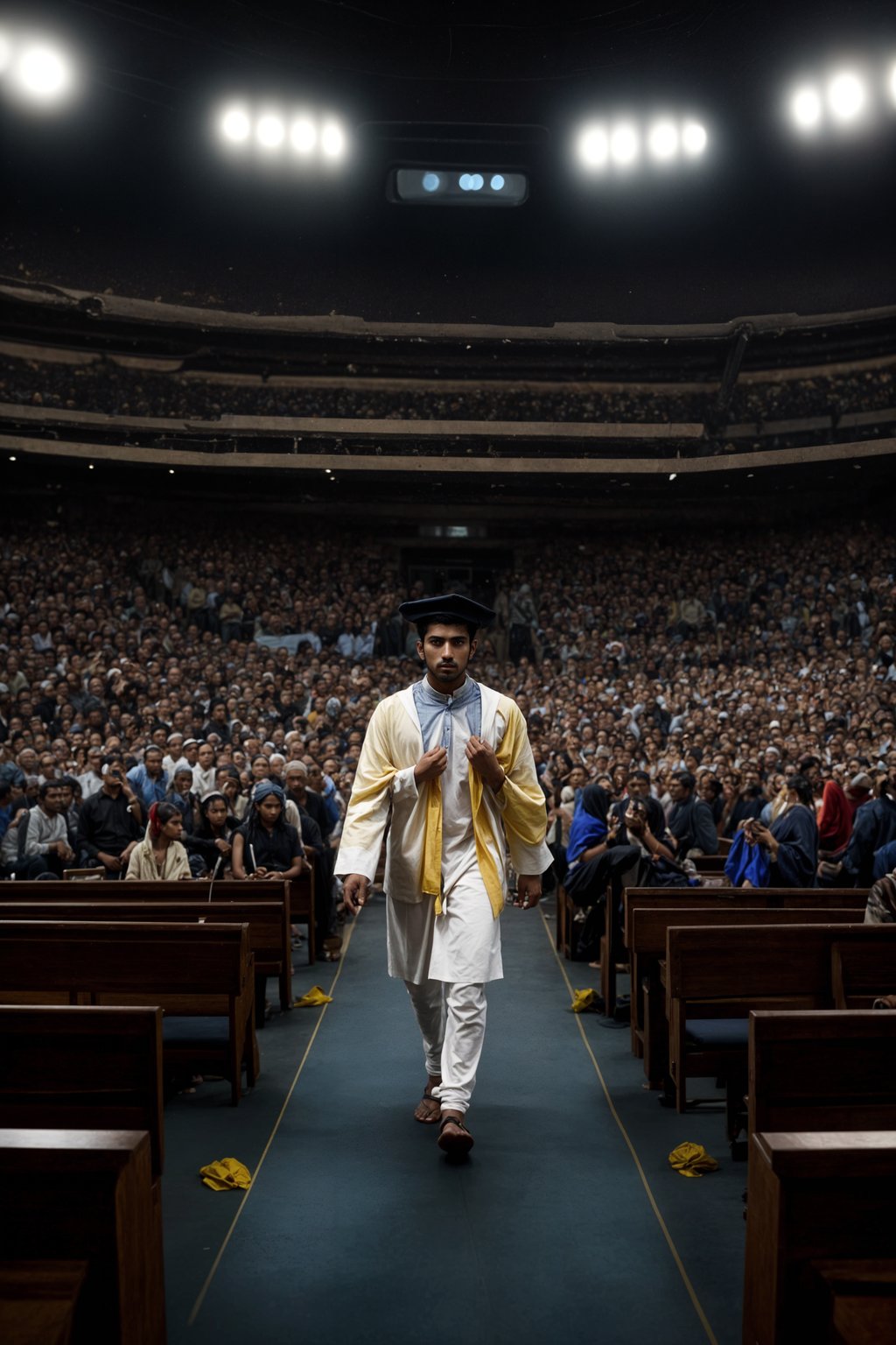 a graduate man in their academic gown and mortarboard, walking across the stage to receive their diploma, capturing the moment of recognition and accomplishment