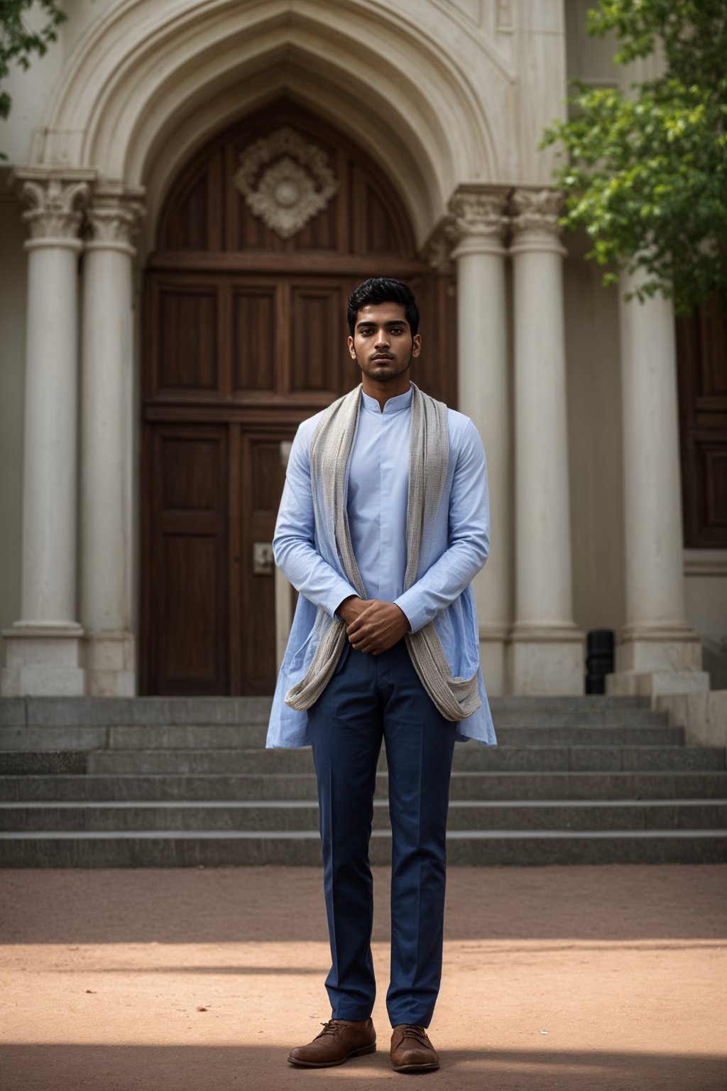 a graduate man in their academic regalia, standing in front of their university building, representing the pride and connection to their alma mater