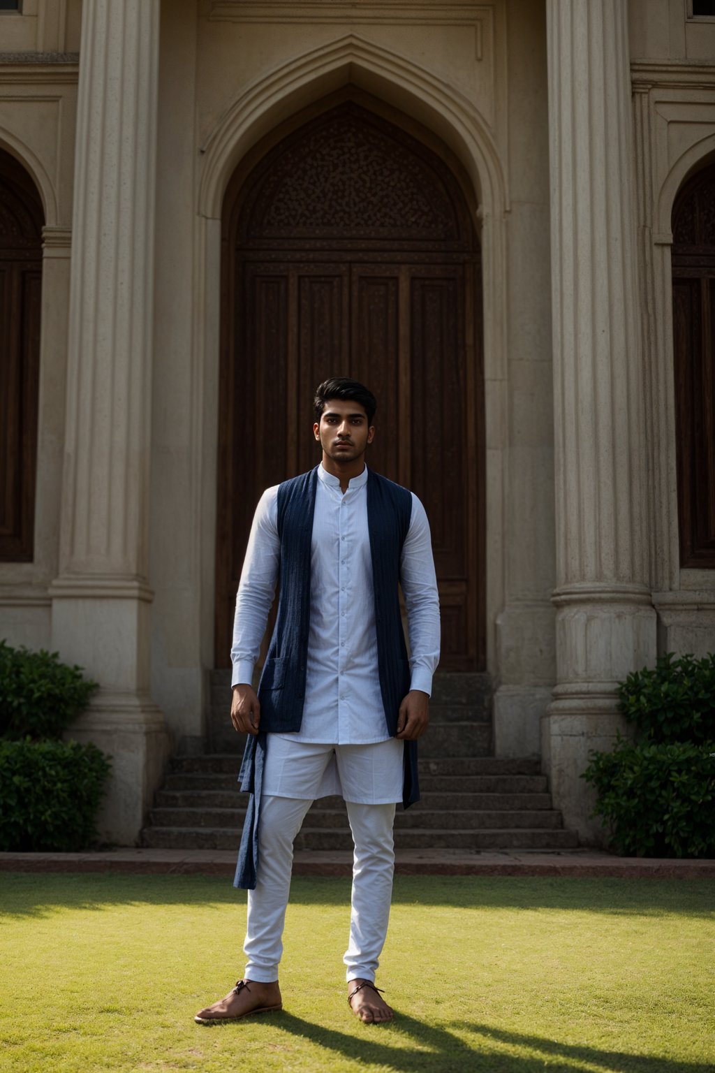 a graduate man in their academic regalia, standing in front of their university building, representing the pride and connection to their alma mater