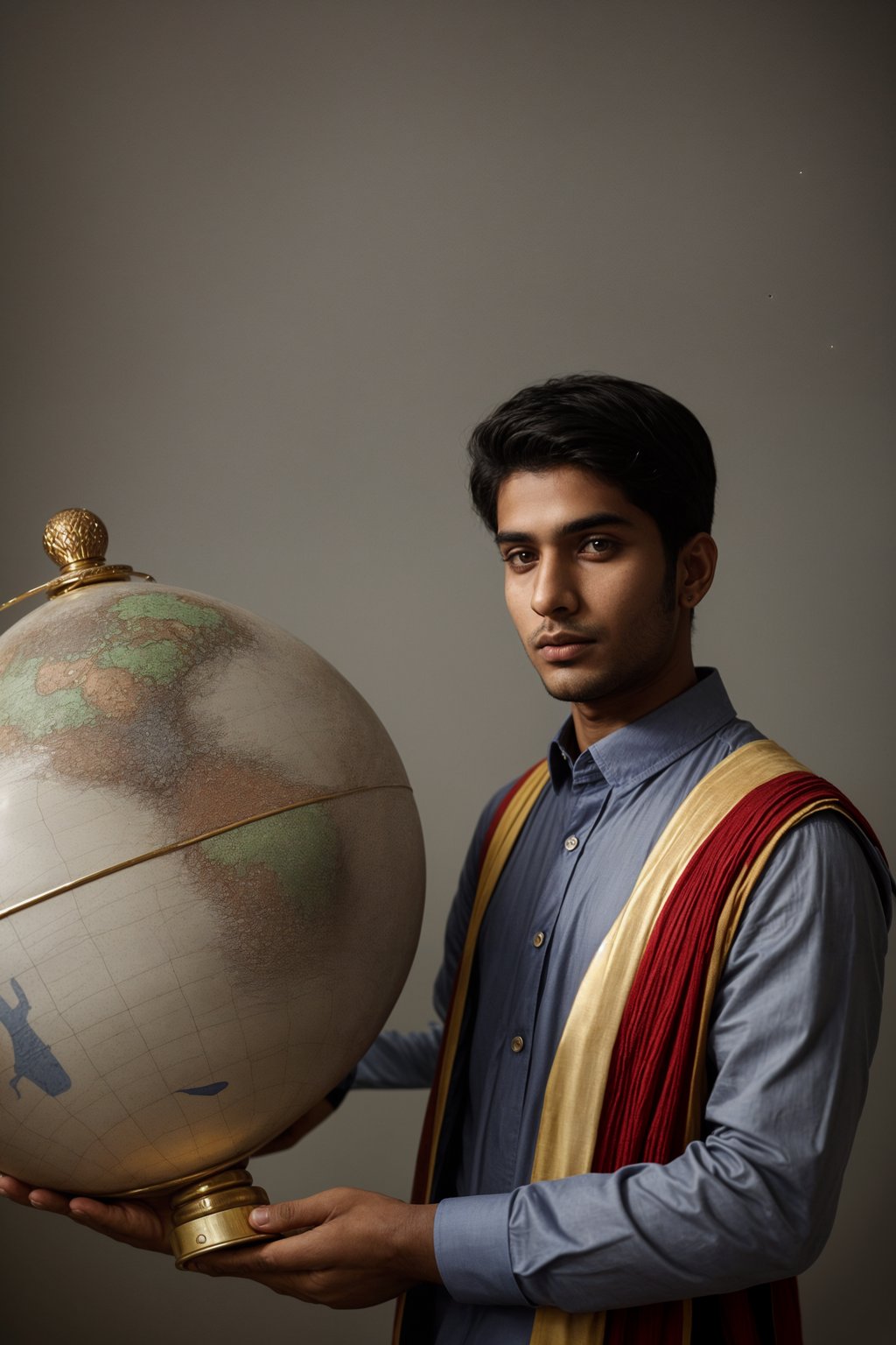 a graduate man in their academic regalia, holding a globe or a map, representing their global perspective and aspirations for making an impact in the world