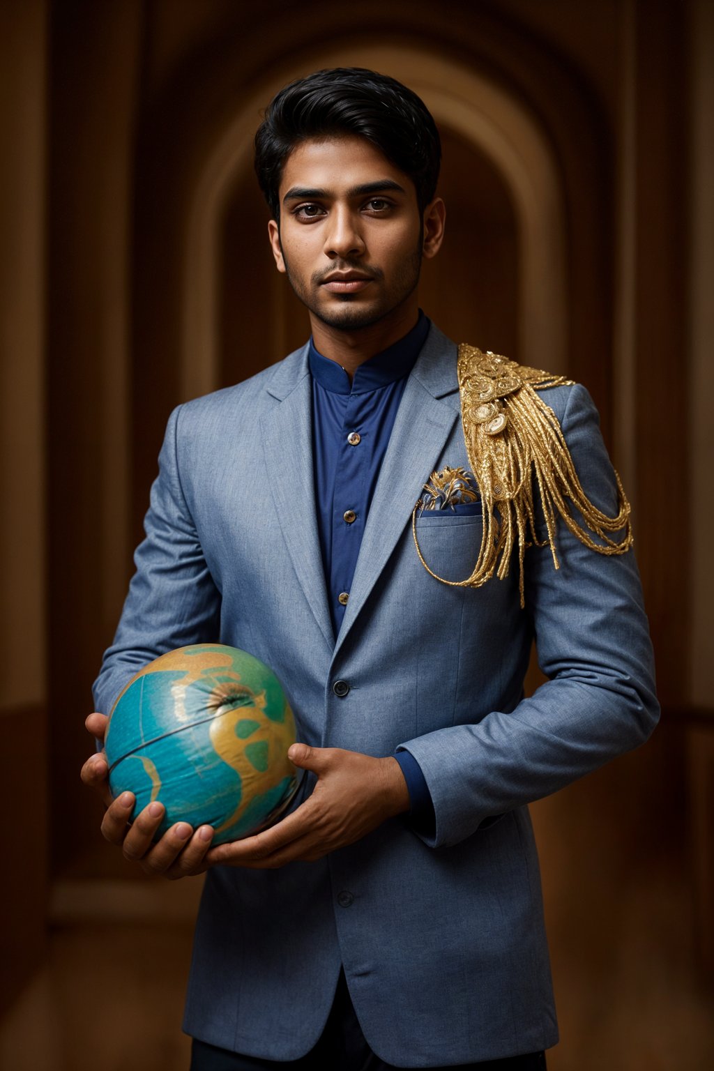 a graduate man in their academic regalia, holding a globe or a map, representing their global perspective and aspirations for making an impact in the world