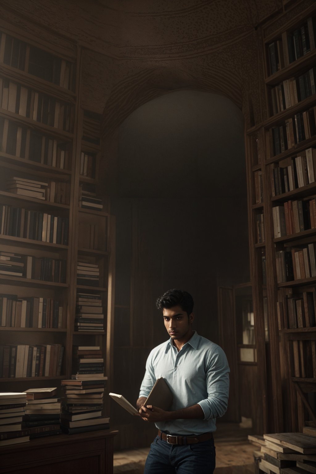 a graduate man surrounded by books and a laptop, symbolizing the academic dedication and achievements during their university studies