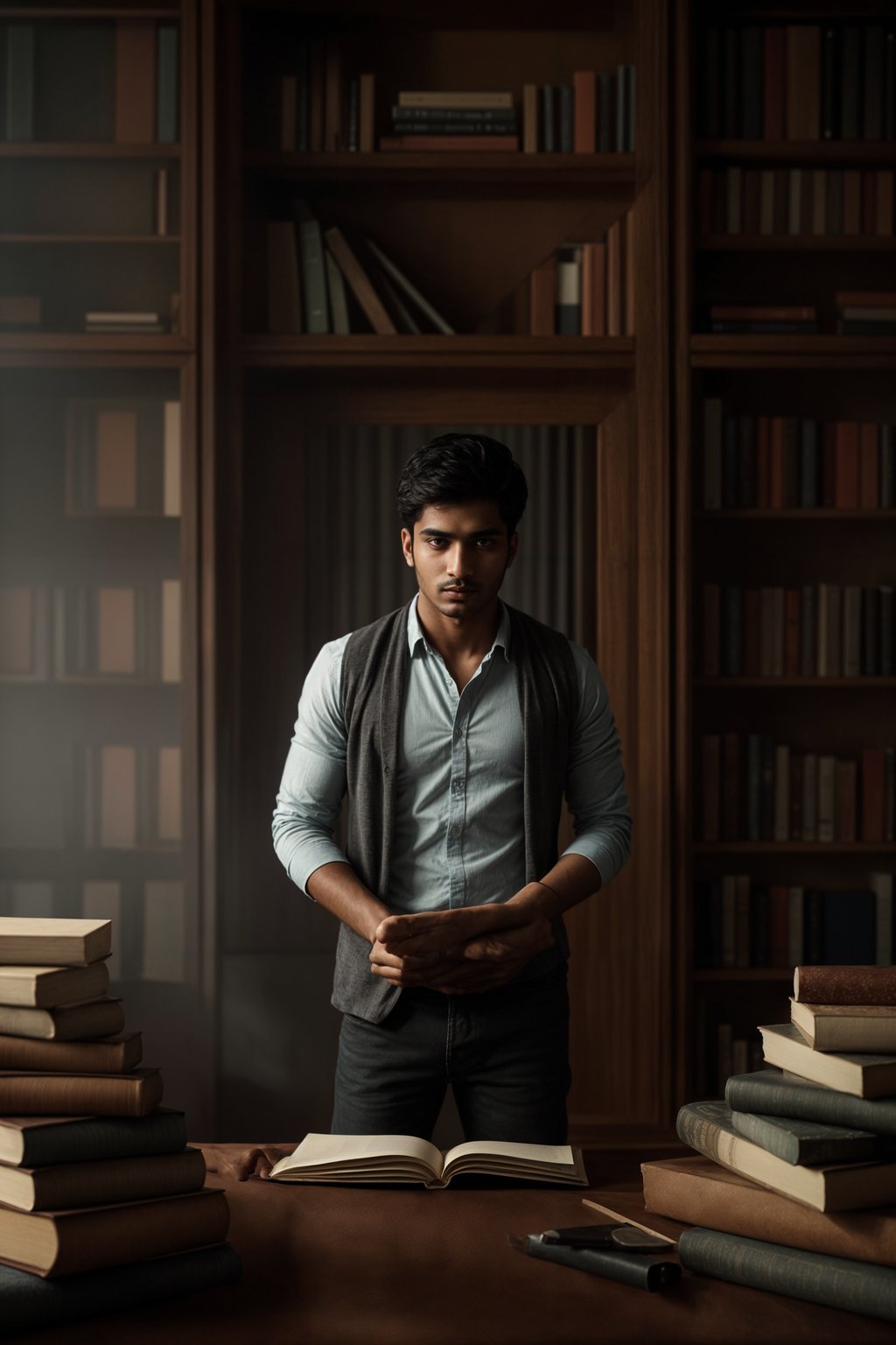 a graduate man surrounded by books and a laptop, symbolizing the academic dedication and achievements during their university studies