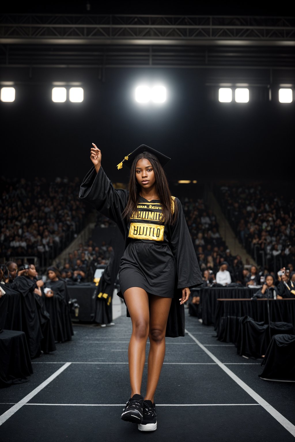 a graduate woman in their academic gown and mortarboard, walking across the stage to receive their diploma, capturing the moment of recognition and accomplishment