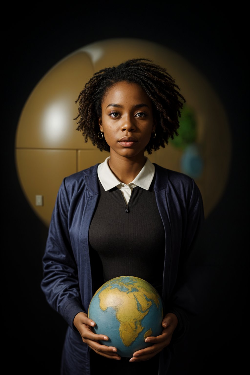 a graduate woman in their academic regalia, holding a globe or a map, representing their global perspective and aspirations for making an impact in the world