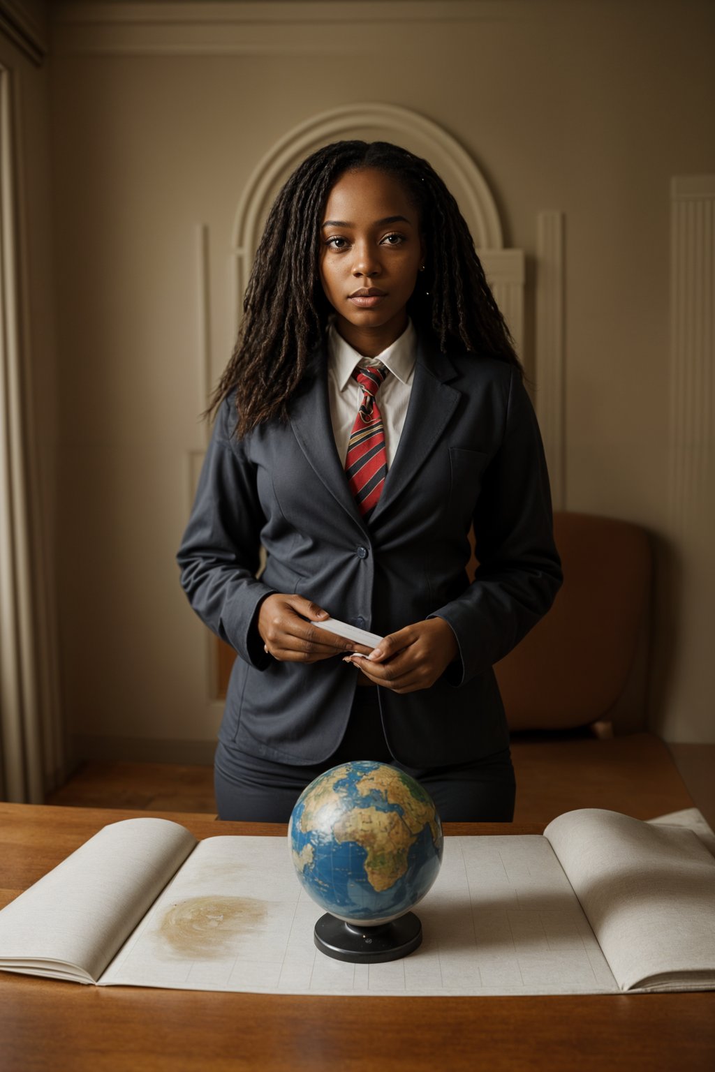 a graduate woman in their academic regalia, holding a globe or a map, representing their global perspective and aspirations for making an impact in the world