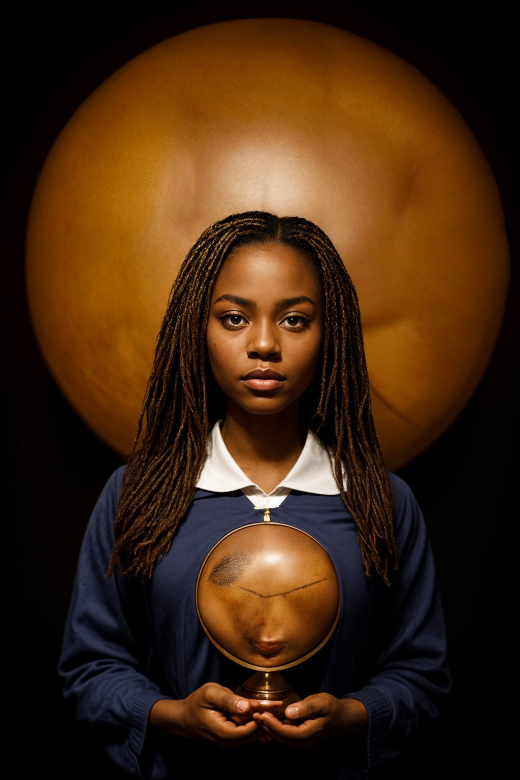 a graduate woman in their academic regalia, holding a globe or a map, representing their global perspective and aspirations for making an impact in the world