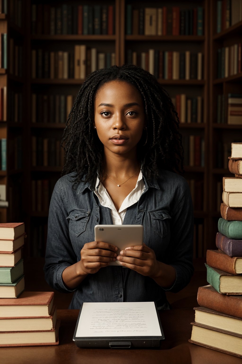 a graduate woman surrounded by books and a laptop, symbolizing the academic dedication and achievements during their university studies