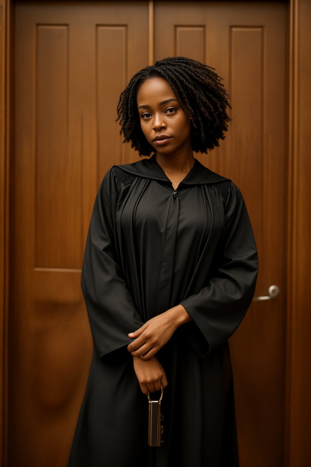 a graduate woman in their academic gown, holding a key or a keychain, representing the doors of opportunities opening up after graduation