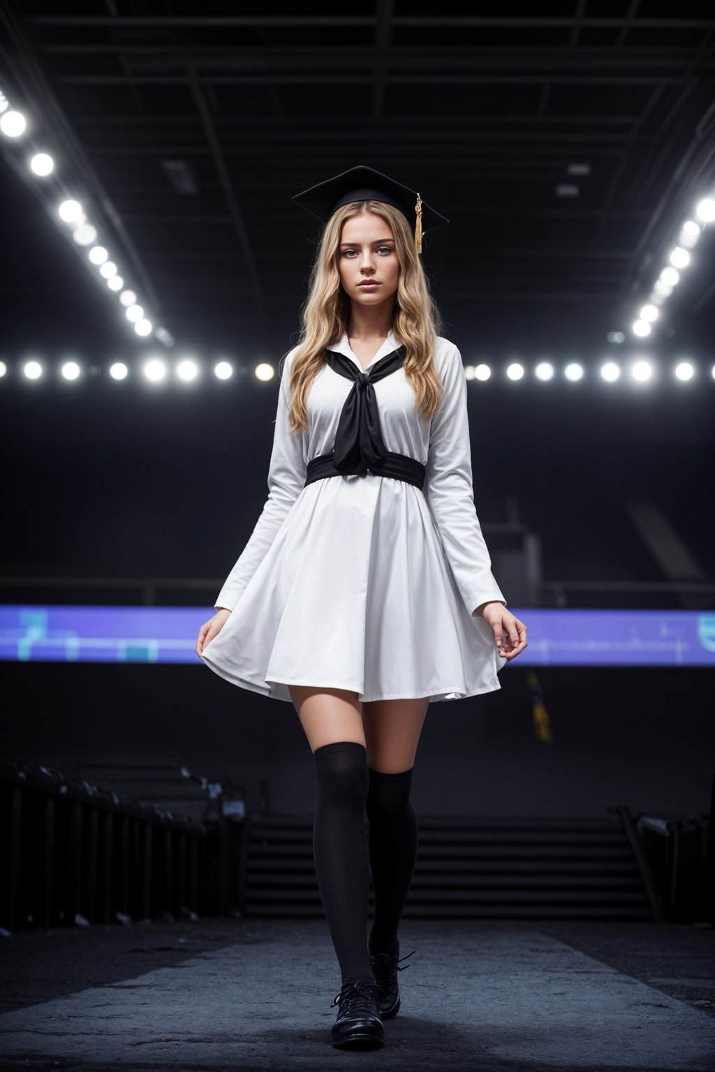 a graduate woman in their academic gown and mortarboard, walking across the stage to receive their diploma, capturing the moment of recognition and accomplishment