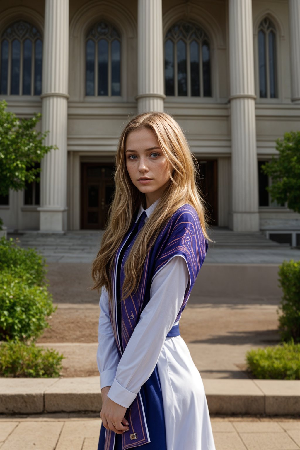 a graduate woman in their academic regalia, standing in front of their university building, representing the pride and connection to their alma mater