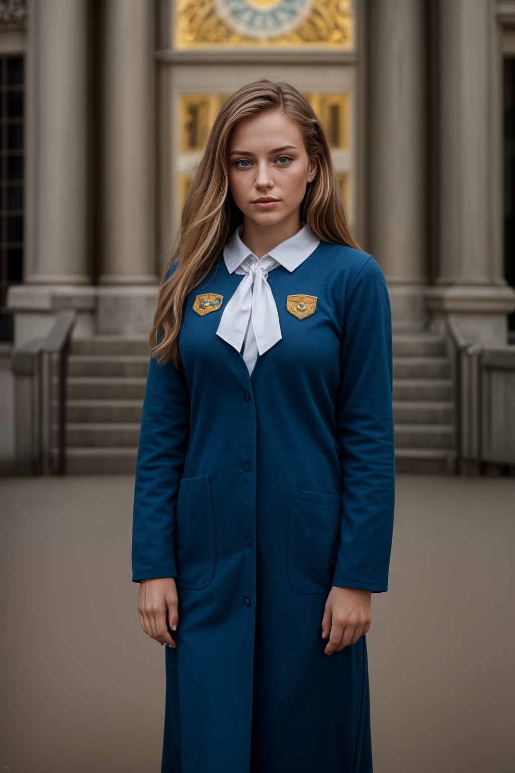 a graduate woman in their academic regalia, standing in front of their university building, representing the pride and connection to their alma mater