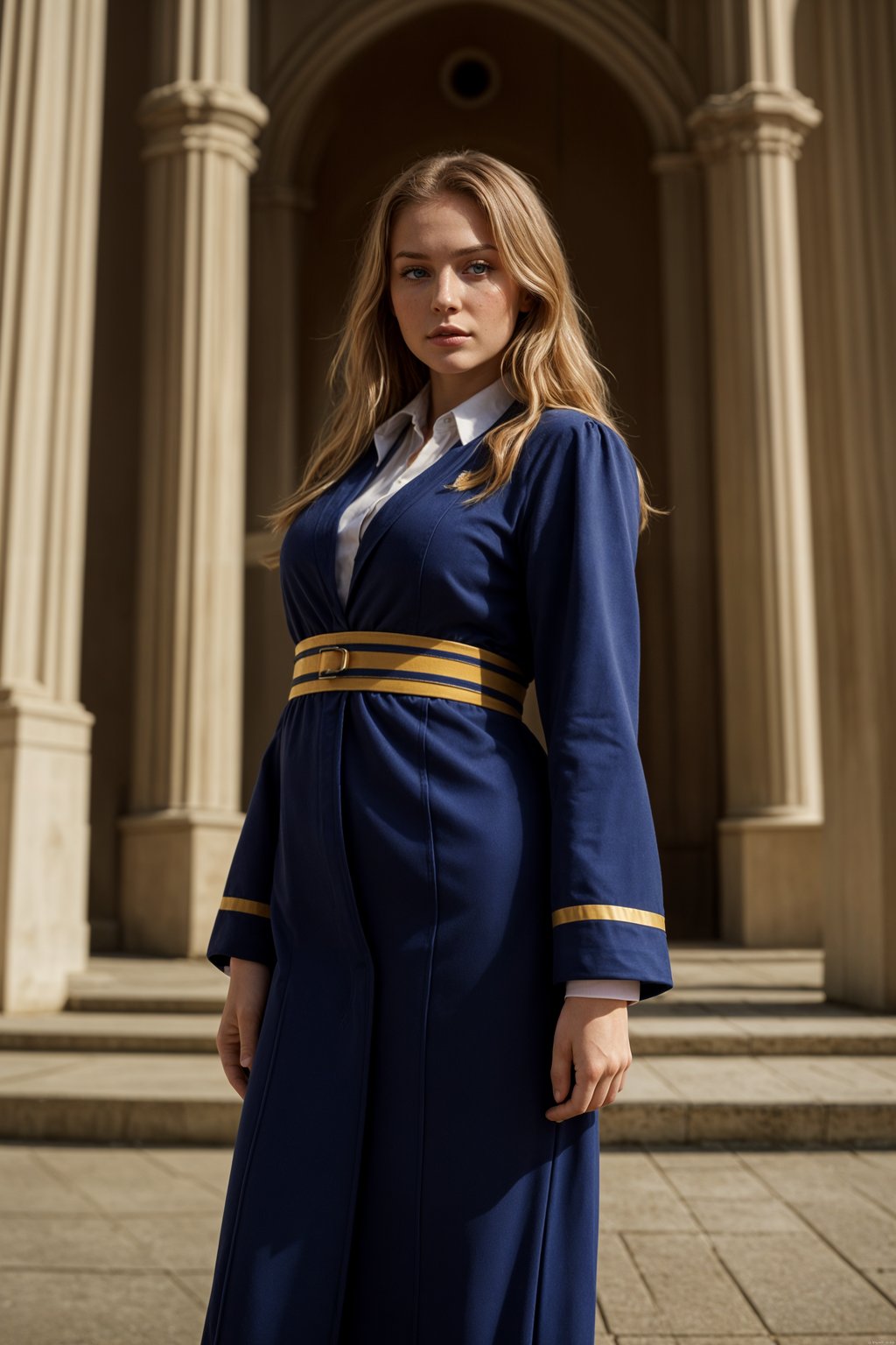 a graduate woman in their academic regalia, standing in front of their university building, representing the pride and connection to their alma mater