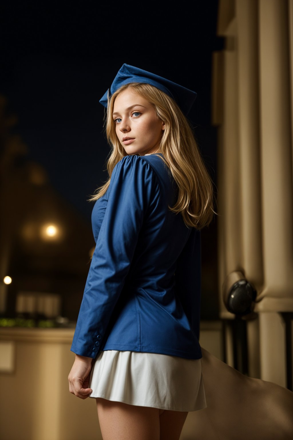 a graduate woman in their academic regalia, standing in front of their university building, representing the pride and connection to their alma mater