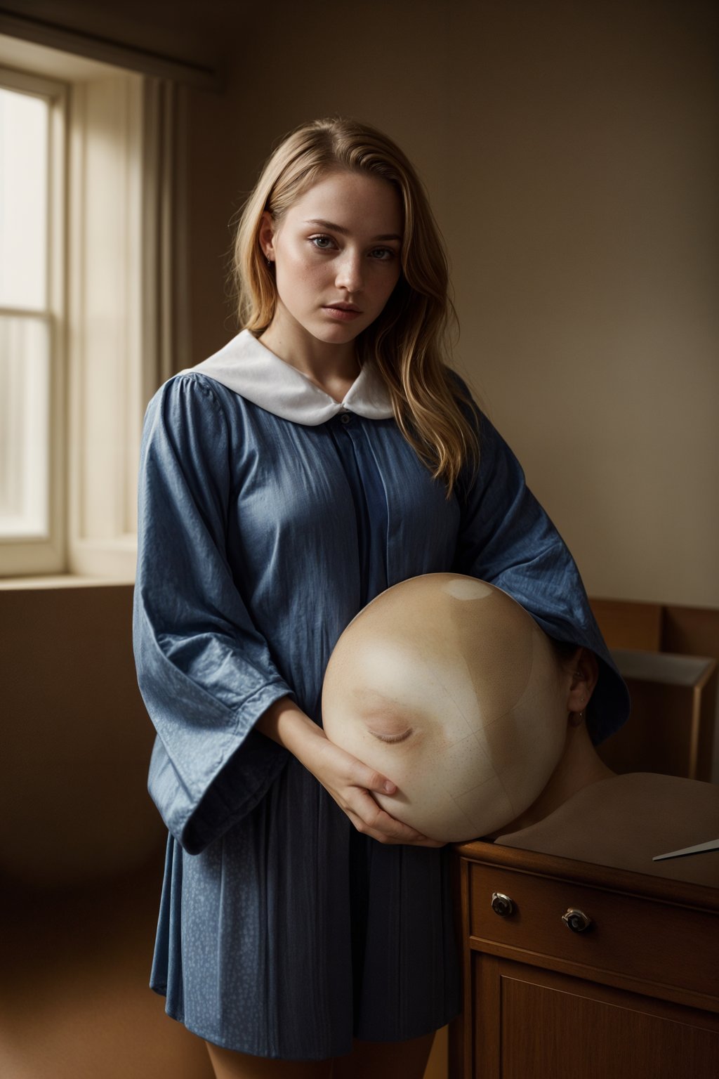 a graduate woman in their academic regalia, holding a globe or a map, representing their global perspective and aspirations for making an impact in the world