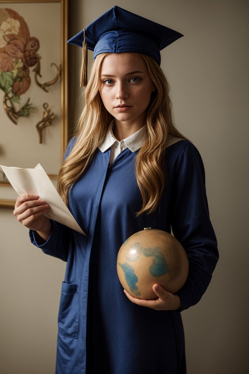 a graduate woman in their academic regalia, holding a globe or a map, representing their global perspective and aspirations for making an impact in the world