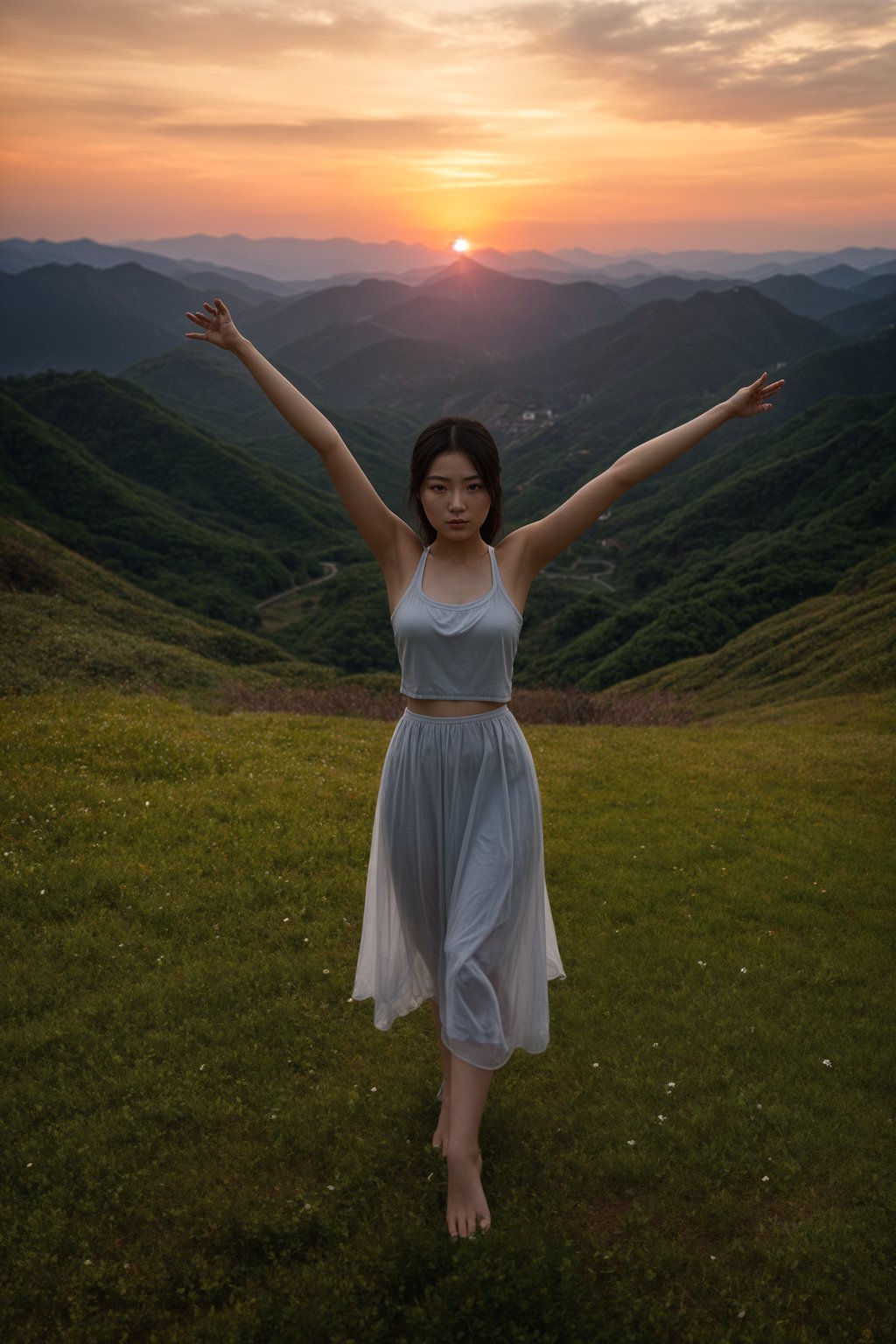 a spiritual seeker woman standing with outstretched arms, embracing the beauty of the sunrise or sunset, symbolizing gratitude and reverence for the universe