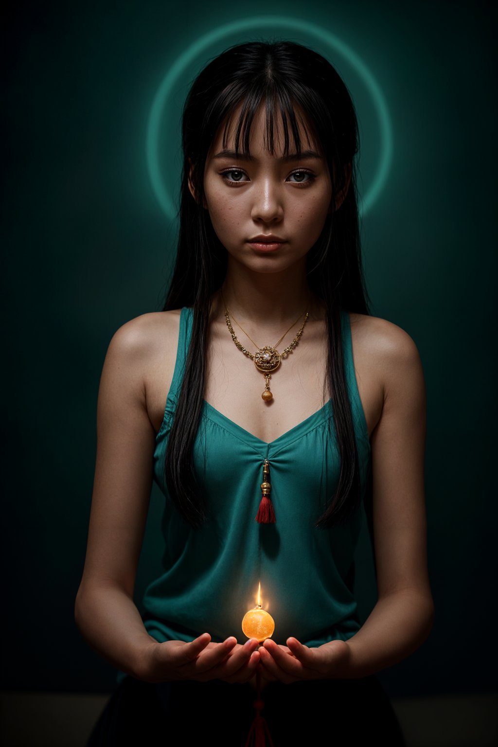 woman holding prayer beads or a sacred object, engrossed in a prayer or a meditative state, capturing the devotion and connection to higher realms
