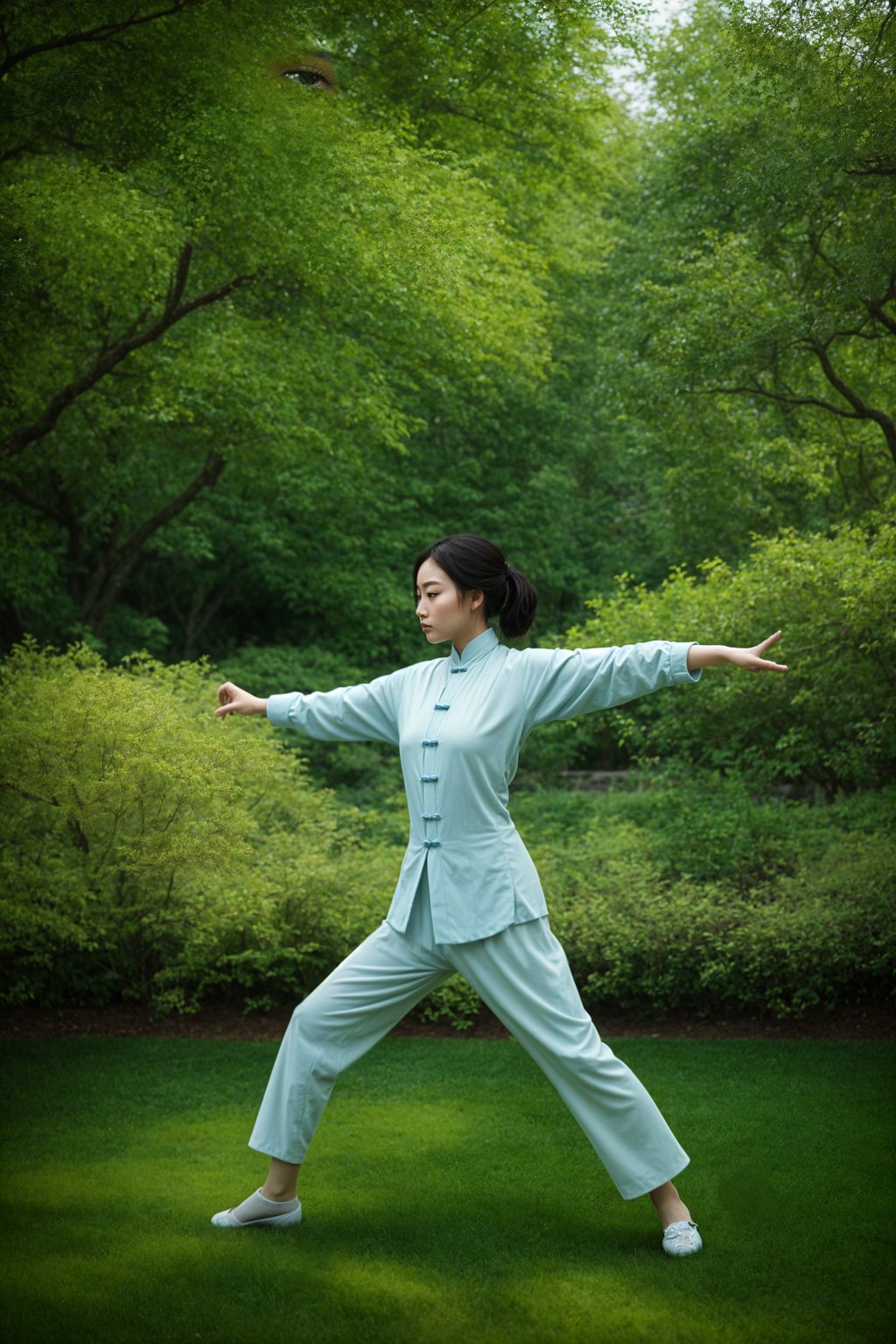 woman practicing Tai Chi or Qigong in a serene garden or open space, capturing the flowing movements and the cultivation of energy and vitality