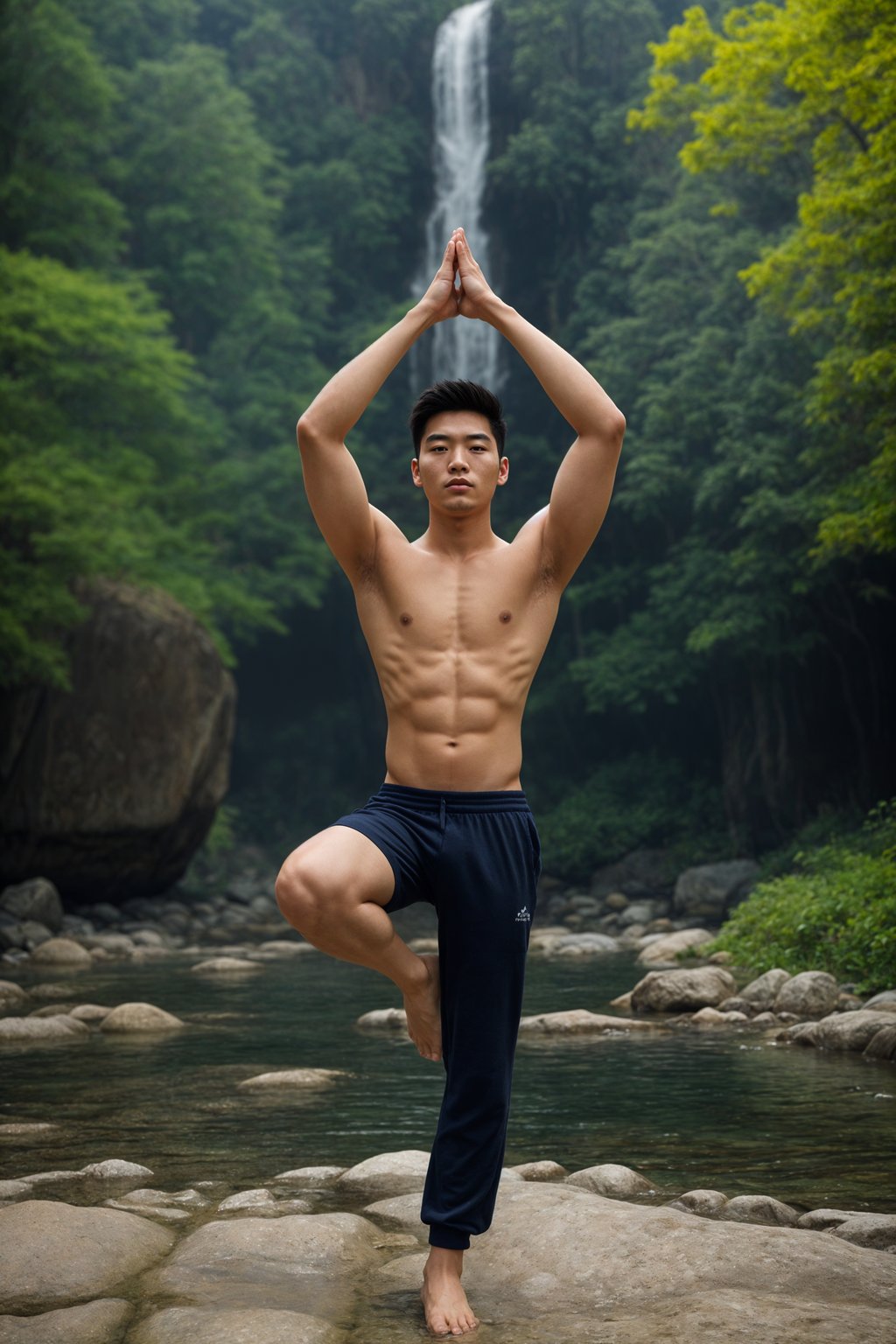 man practicing yoga in a beautiful natural setting, embodying grace, balance, and the harmony of mind, body, and spirit