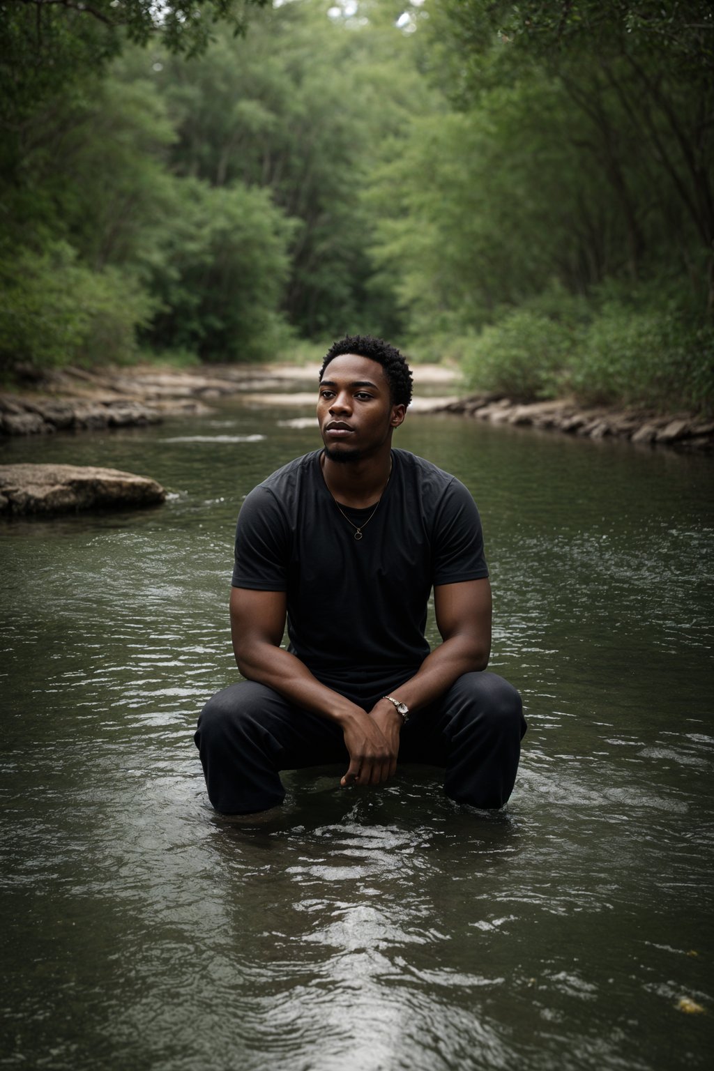 man in deep contemplation, sitting by a tranquil lake or flowing river, capturing the introspective and reflective nature of spirituality