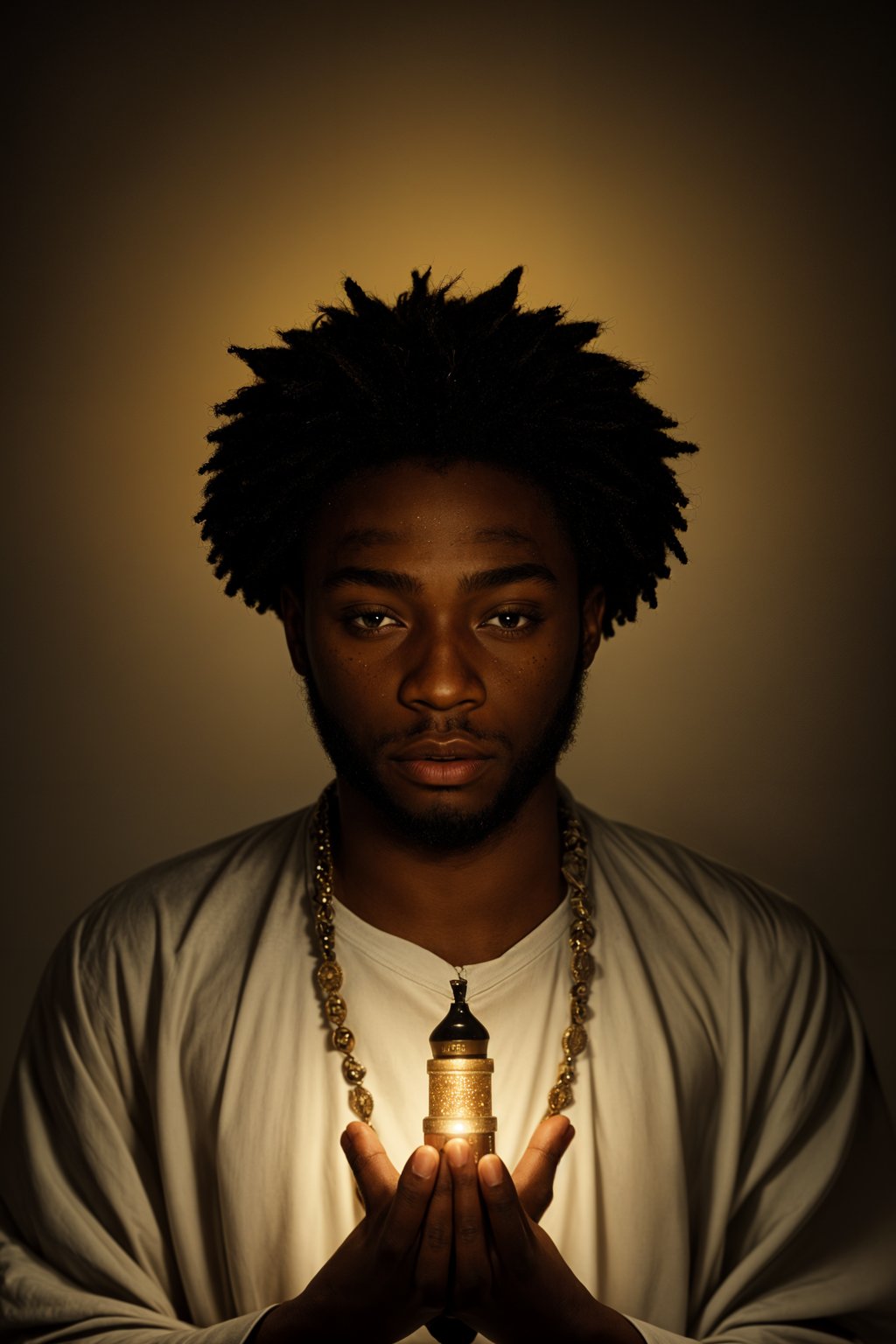 man holding prayer beads or a sacred object, engrossed in a prayer or a meditative state, capturing the devotion and connection to higher realms