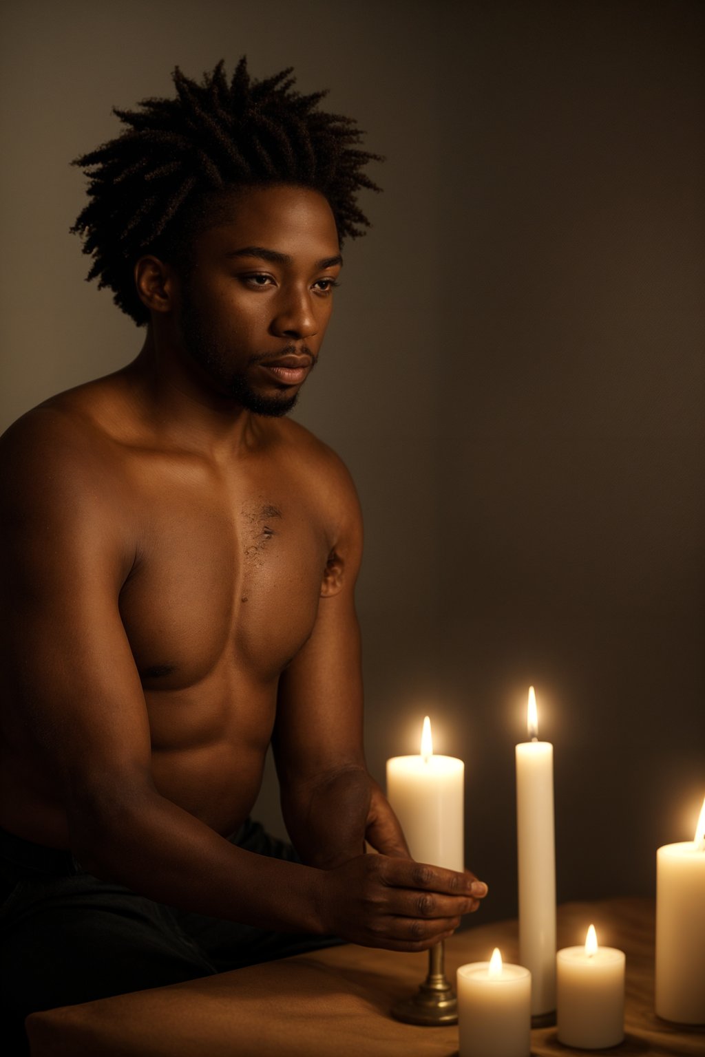 man practicing mindfulness and being fully present in the moment, surrounded by candles or incense, creating an atmosphere of tranquility and inner peace