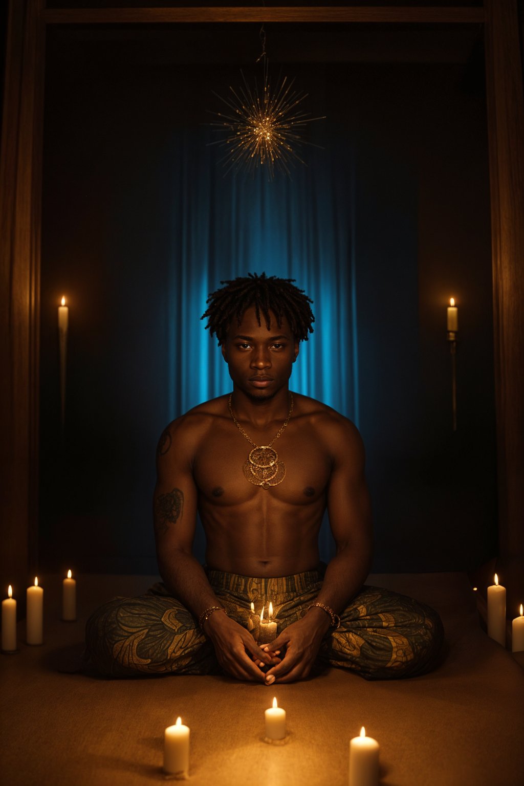 man in a serene indoor space, surrounded by candles, crystals, and sacred symbols, creating a sacred sanctuary for reflection and meditation