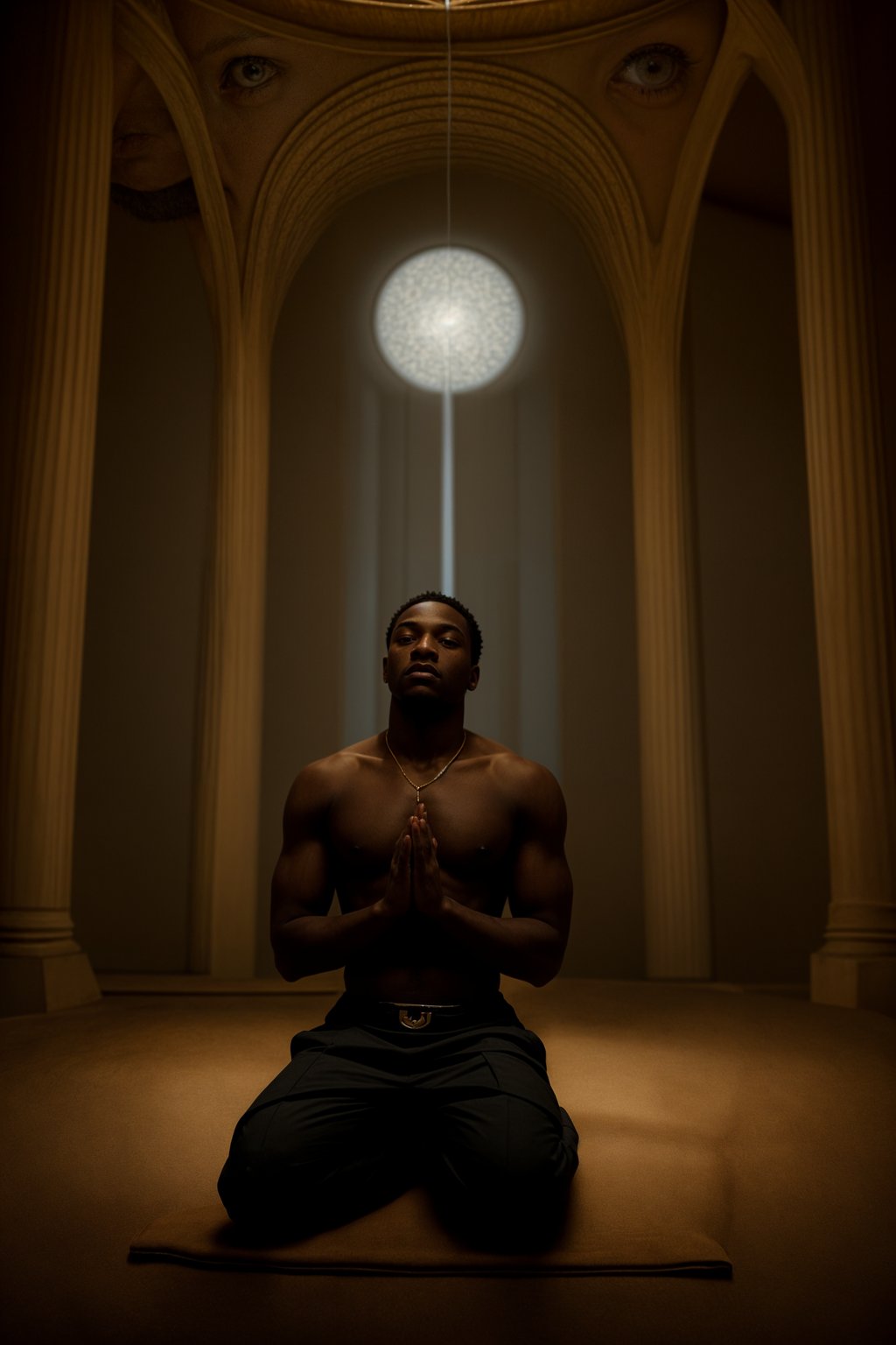 man in a serene temple or sacred space, engaged in prayer or meditation, connecting with the divine and the sacred