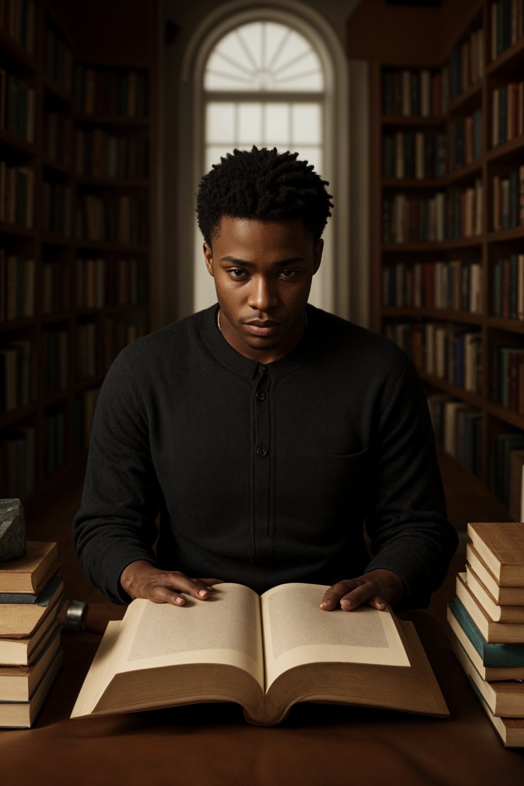 man surrounded by books or sacred texts, engaged in deep study and contemplation, seeking wisdom and spiritual knowledge