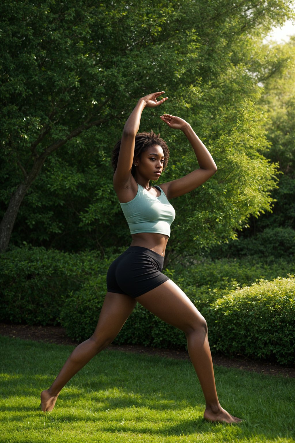 woman practicing Tai Chi or Qigong in a serene garden or open space, capturing the flowing movements and the cultivation of energy and vitality