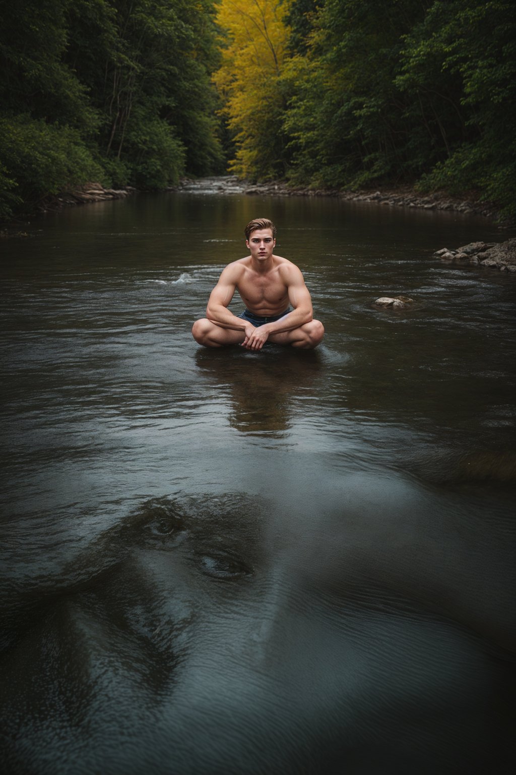 man in deep contemplation, sitting by a tranquil lake or flowing river, capturing the introspective and reflective nature of spirituality