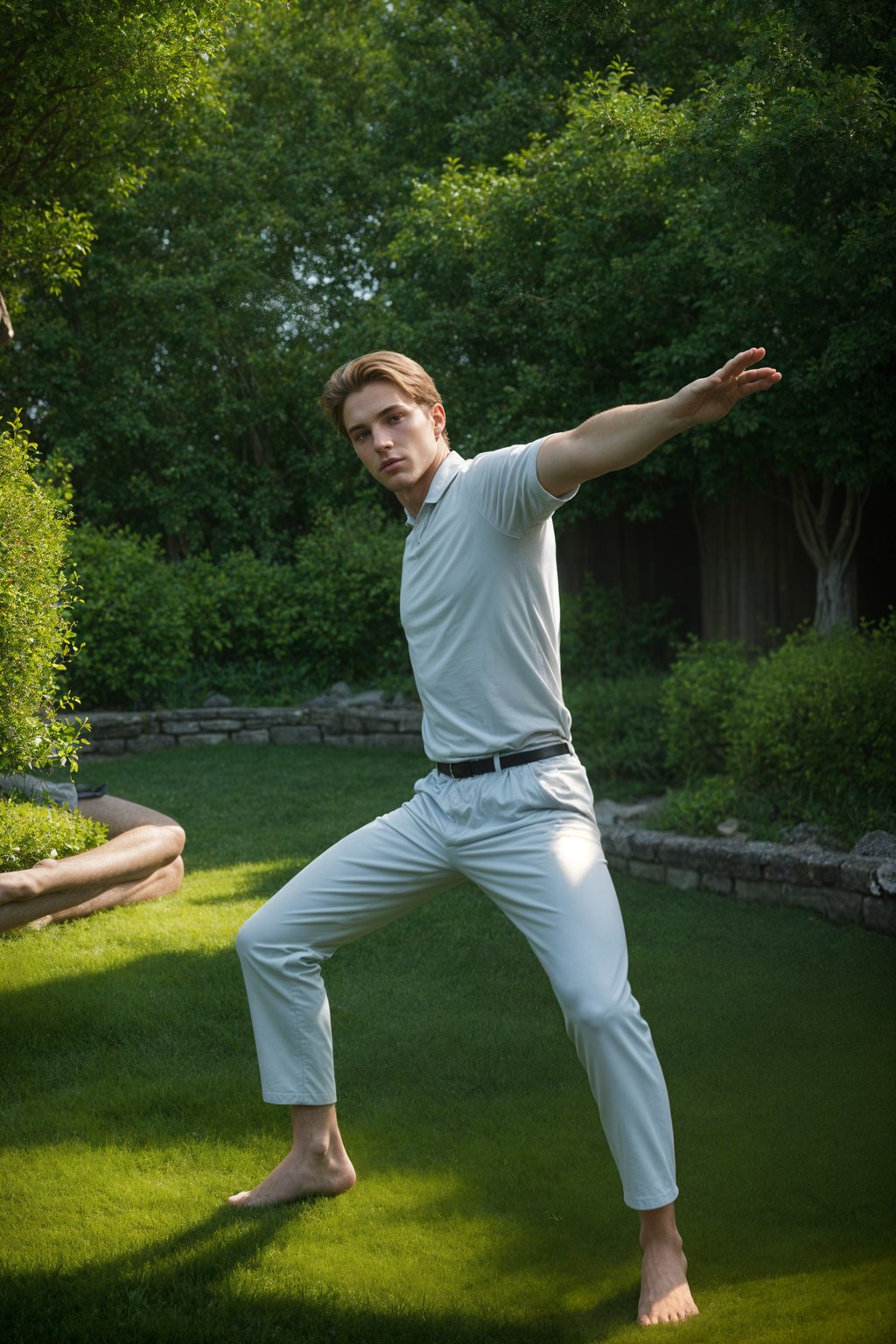 man practicing Tai Chi or Qigong in a serene garden or open space, capturing the flowing movements and the cultivation of energy and vitality