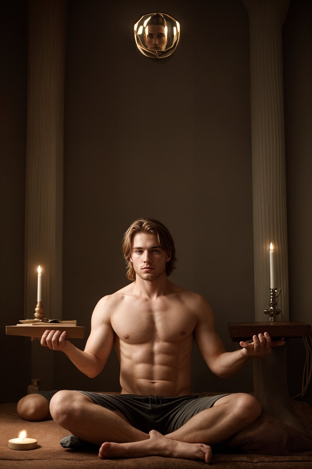 man practicing sound healing or playing a musical instrument, creating a harmonious and meditative atmosphere