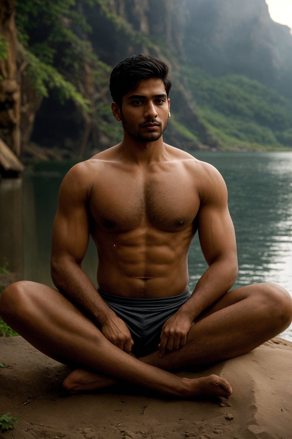 man practicing yoga in a beautiful natural setting, embodying grace, balance, and the harmony of mind, body, and spirit