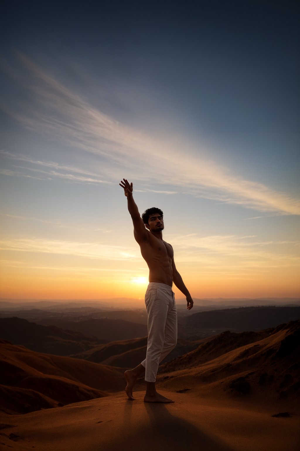 a spiritual seeker man standing with outstretched arms, embracing the beauty of the sunrise or sunset, symbolizing gratitude and reverence for the universe