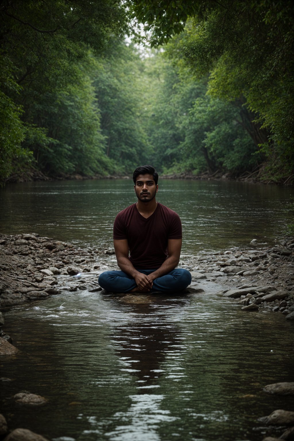 man in deep contemplation, sitting by a tranquil lake or flowing river, capturing the introspective and reflective nature of spirituality