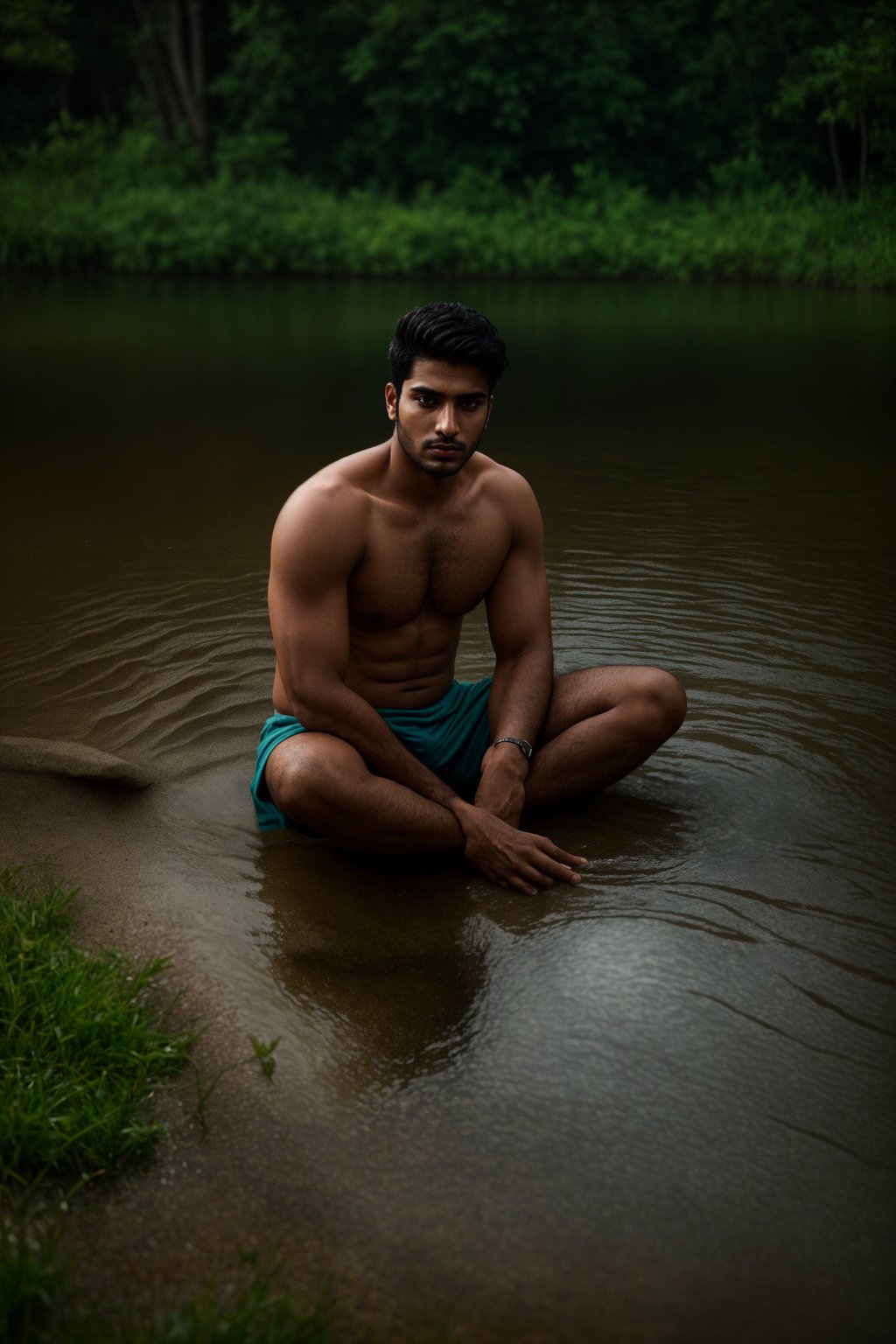 man in deep contemplation, sitting by a tranquil lake or flowing river, capturing the introspective and reflective nature of spirituality