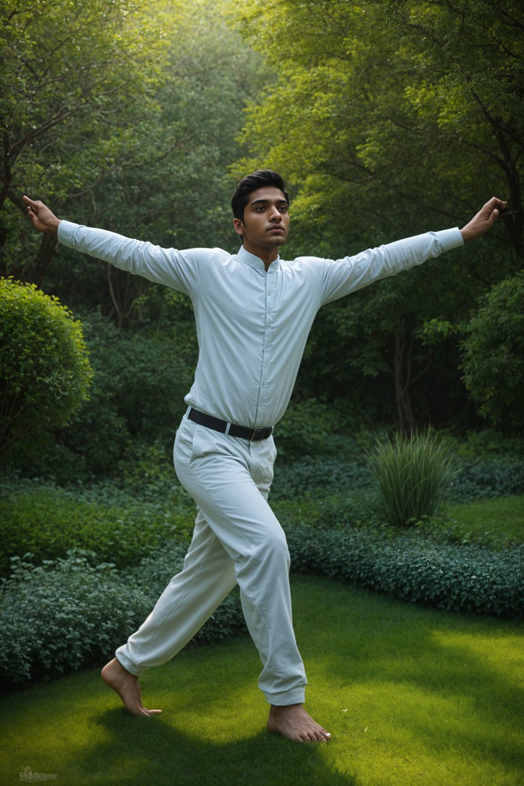 man practicing Tai Chi or Qigong in a serene garden or open space, capturing the flowing movements and the cultivation of energy and vitality