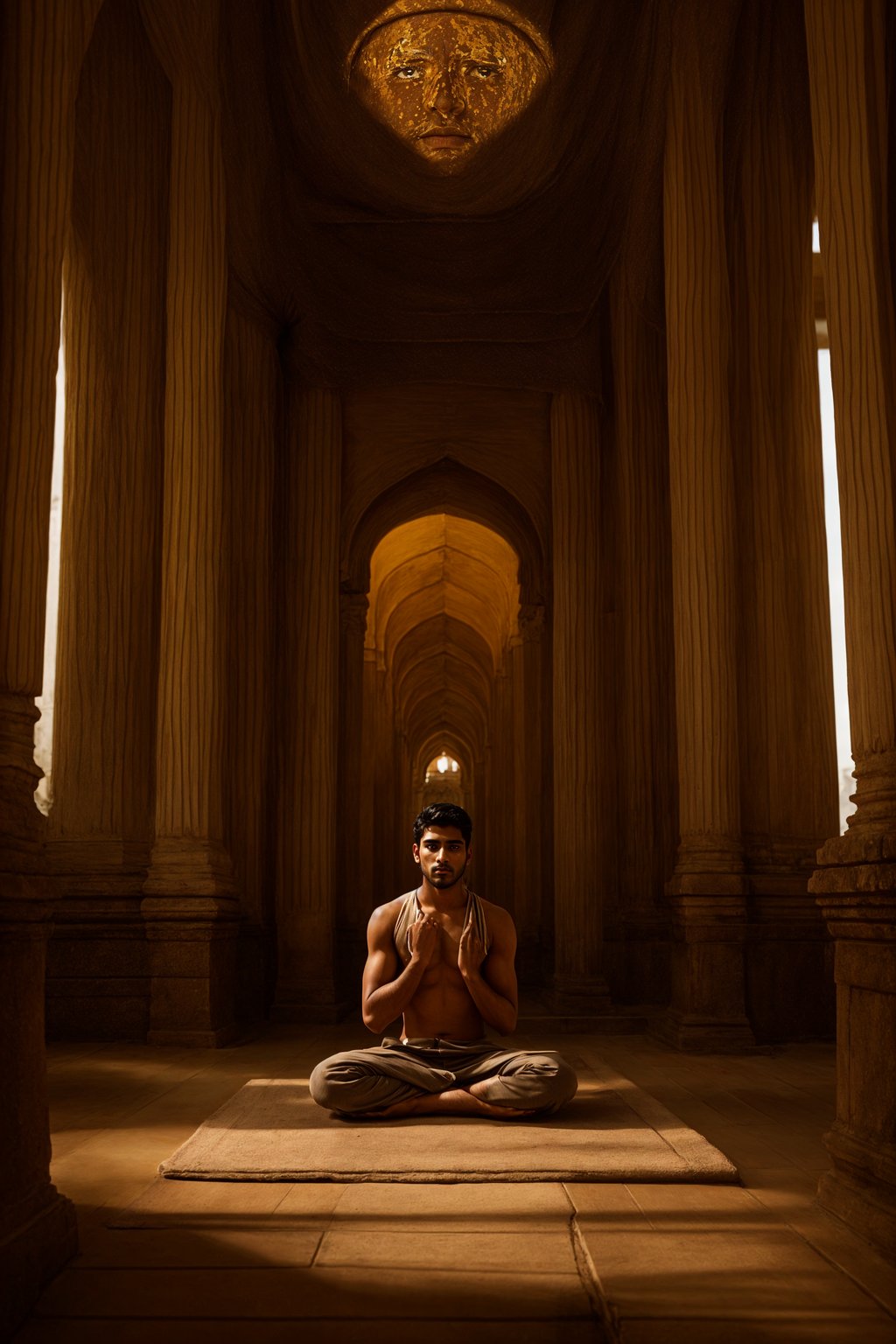 man in a serene temple or sacred space, engaged in prayer or meditation, connecting with the divine and the sacred