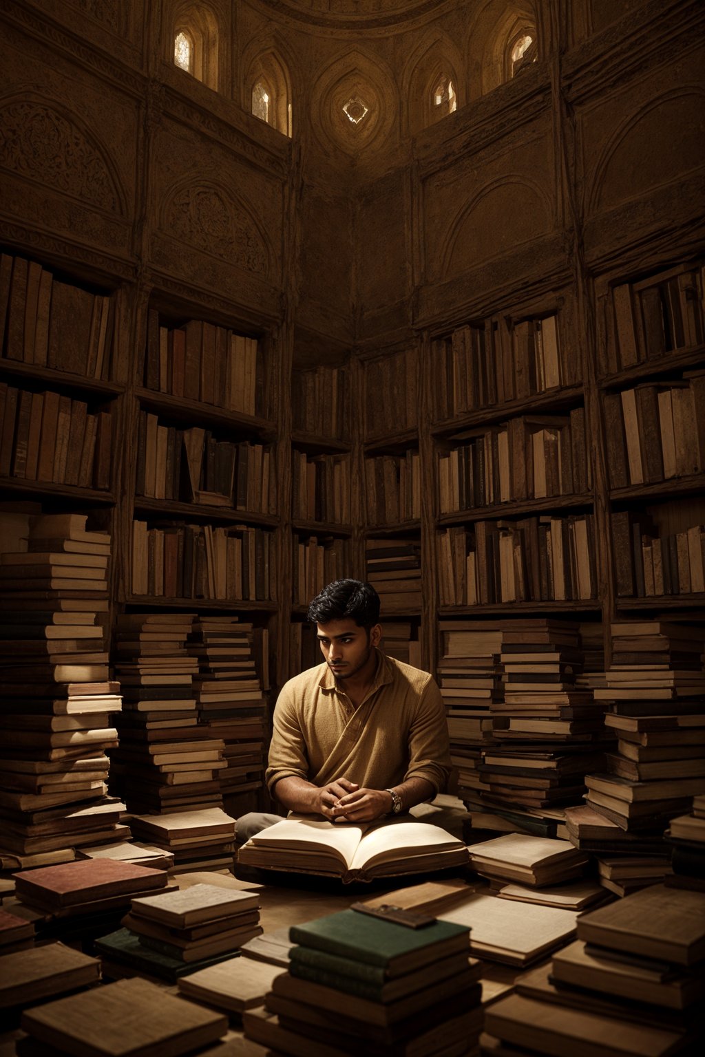 man surrounded by books or sacred texts, engaged in deep study and contemplation, seeking wisdom and spiritual knowledge