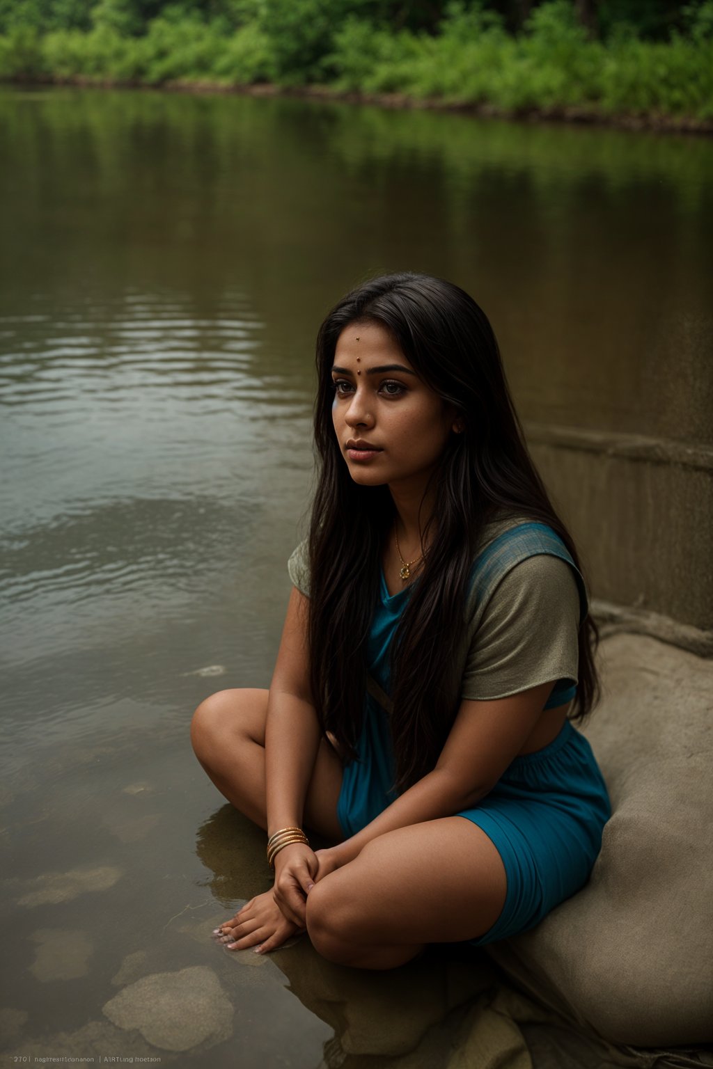 woman in deep contemplation, sitting by a tranquil lake or flowing river, capturing the introspective and reflective nature of spirituality