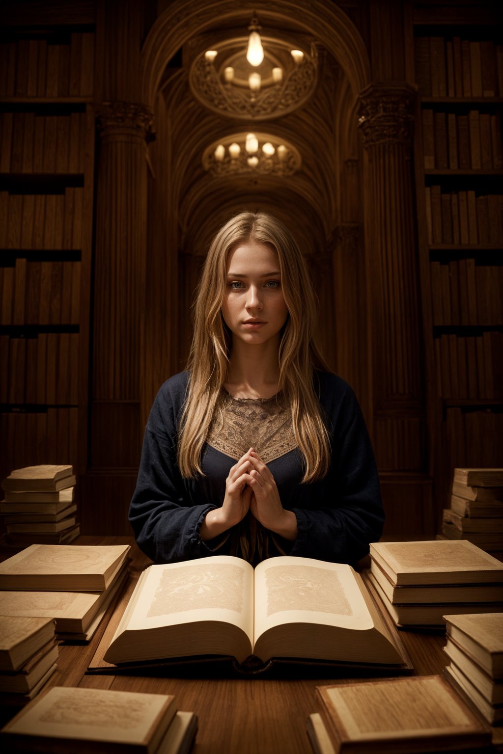 woman surrounded by books or sacred texts, engaged in deep study and contemplation, seeking wisdom and spiritual knowledge