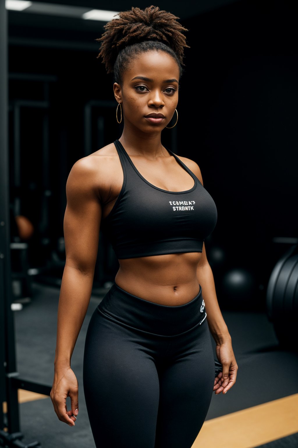 a fit woman as fitness influencer wearing gym outfit in the bodybuilding gym